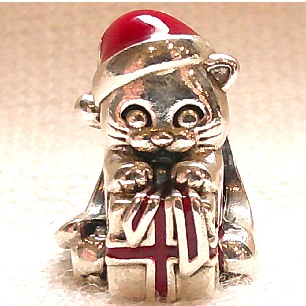 925 Sterling Silver Christmas Kitten Cat Charm Red Enamel Holiday Santa Hat Gift
